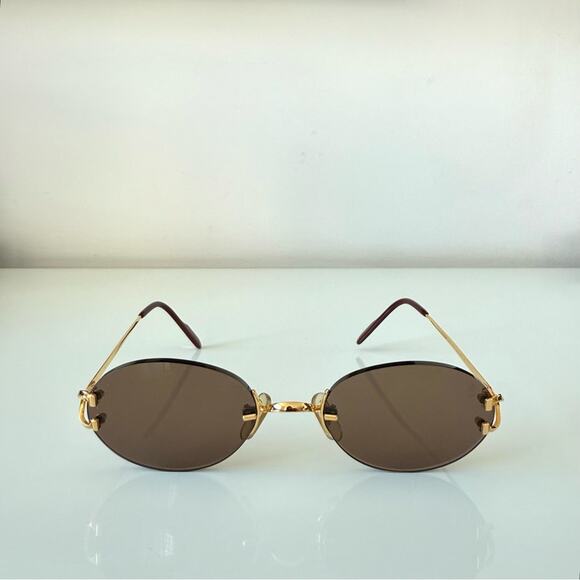 CARTIER Oval Rimless Sunglasses Brown  Gold Frame Authentic Vintage